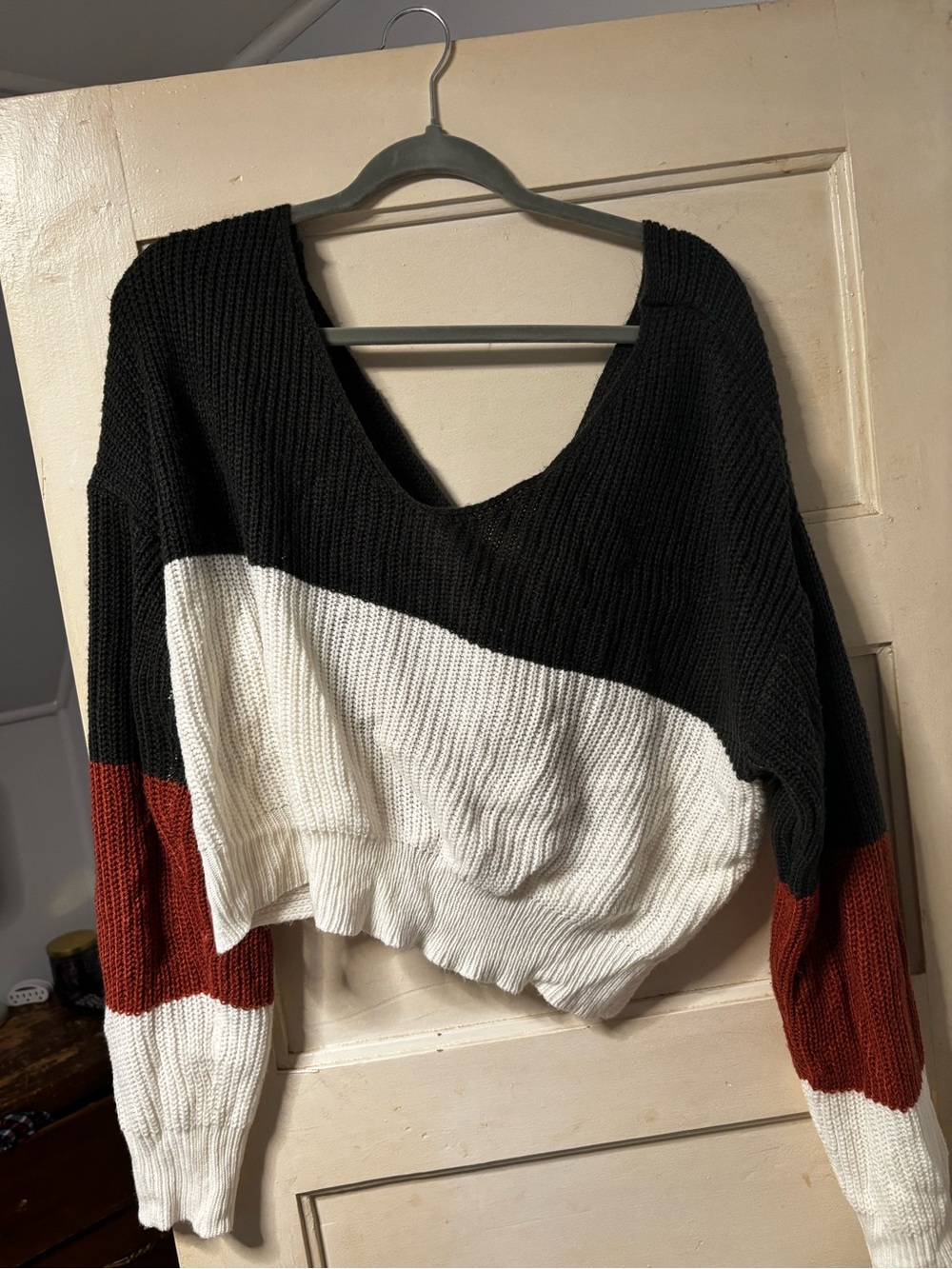 Black White Rust Colorblock V-Neck Sweater